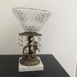 🔻sale Vintage Hollywood regency marble brass crystal compote/ pedestal bowl.
